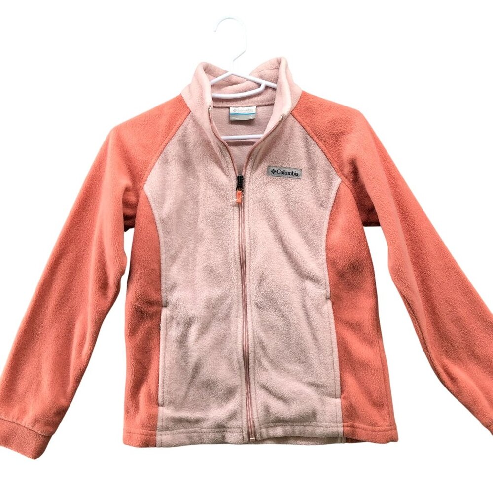 Columbia Girls M 10-12 Fleece Jacket Pink Colorblock Mock Neck Full Zip